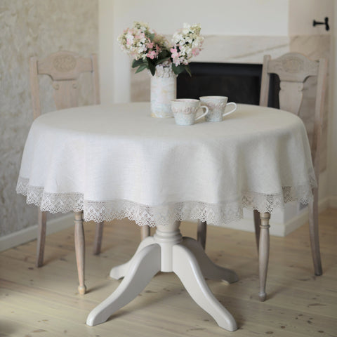 Round Tablecloth with Lace Natural Linen colour