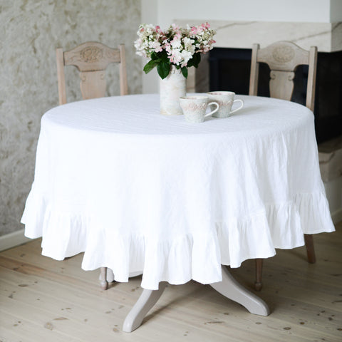 Round Linen Ruffle Tablecloth (white, natural, old rose, gray)