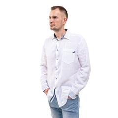 Linen men`s shirt in White with blue