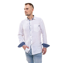 Linen men`s shirt in White with blue