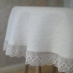 Round Tablecloth with Lace Natural Linen colour